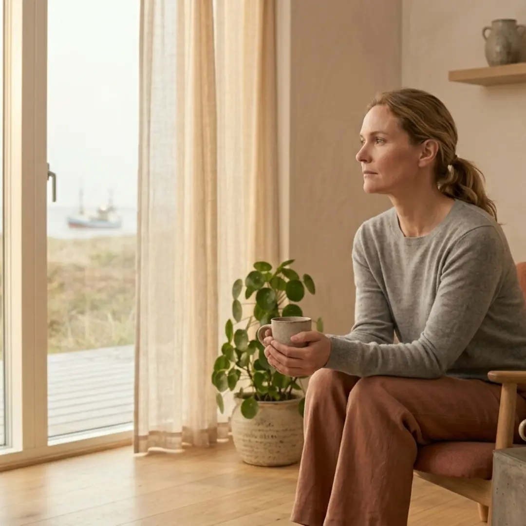Kvinde med depression ser ud af vinduet med kop i hånden