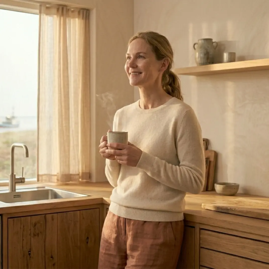 Kvinde med kaffekop ved vinduet, kigger ud med et smil. symboliserer ro i hverdagen.