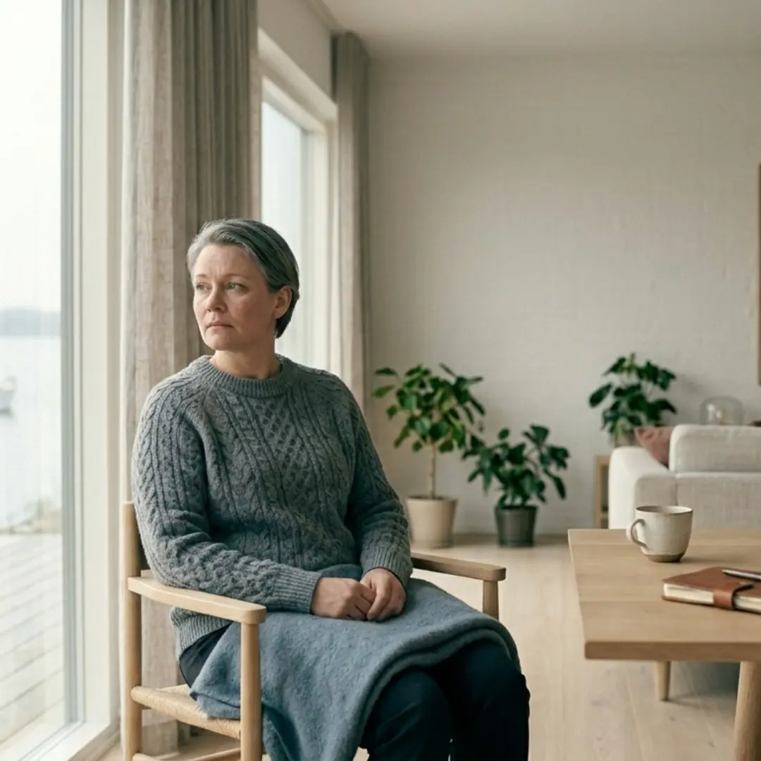 Kvinde i grå sweatshirt sidder i stol ved vindue med udsigt til vand